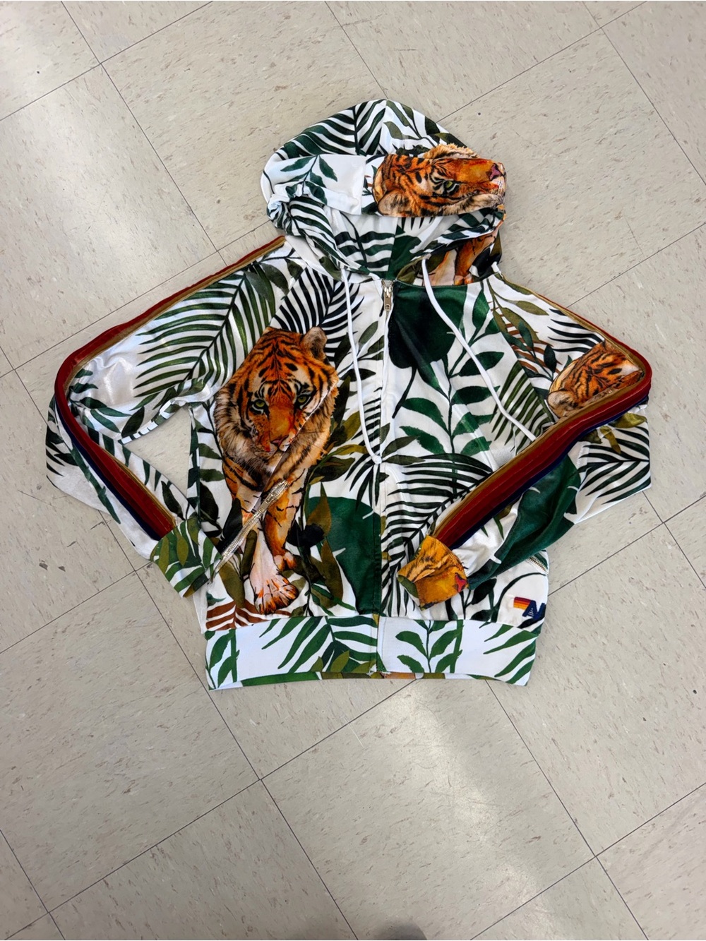 Aviator Nation White Tropical Tiger Print Hoodie Romper with Green Leaves - Picture 2 of 9